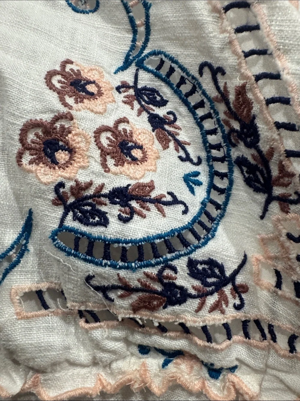 Free People White Mini Dress with Blue and Pink Paisley Embroidery